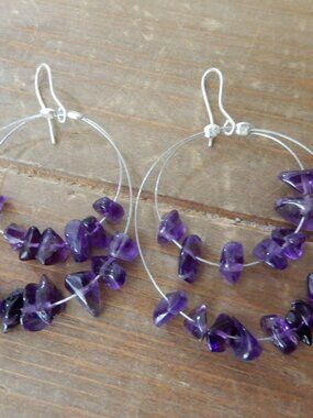 Handmade Amethyst Bead Dangling Earrings with Silver Findings